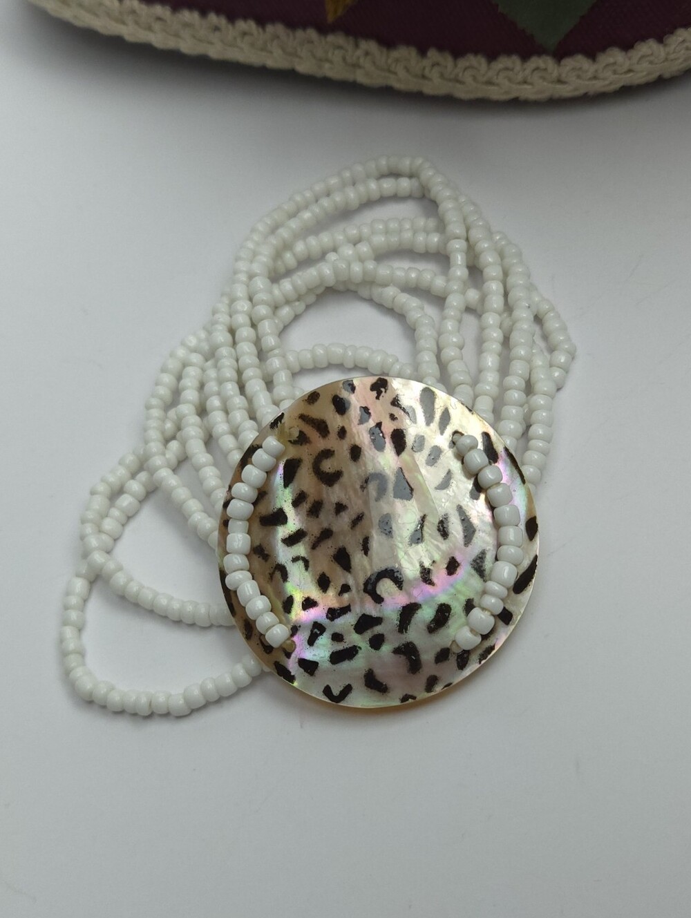 Handmade Leopard Print Abalone Shell & White Seed Beaded Multi Strand Bracelet